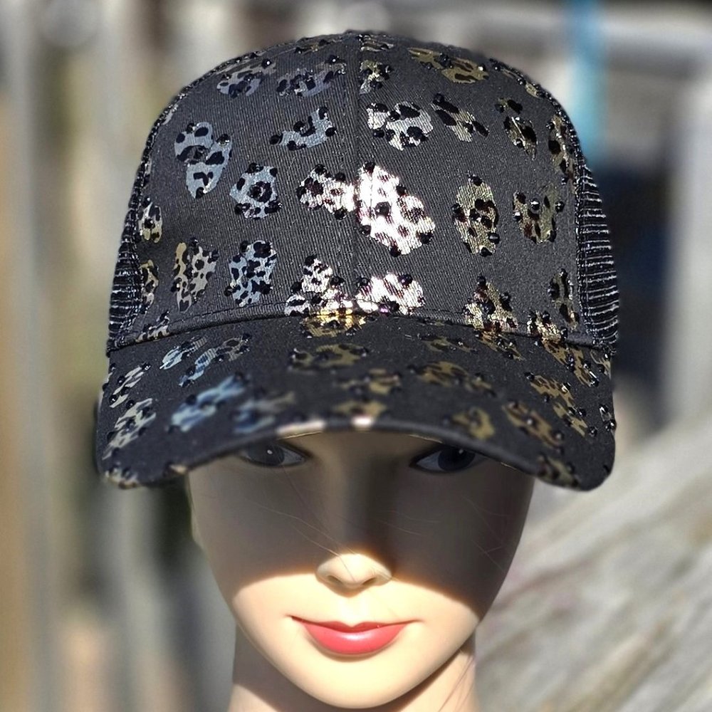 Ladies Black Leopard BLING Hat NEW